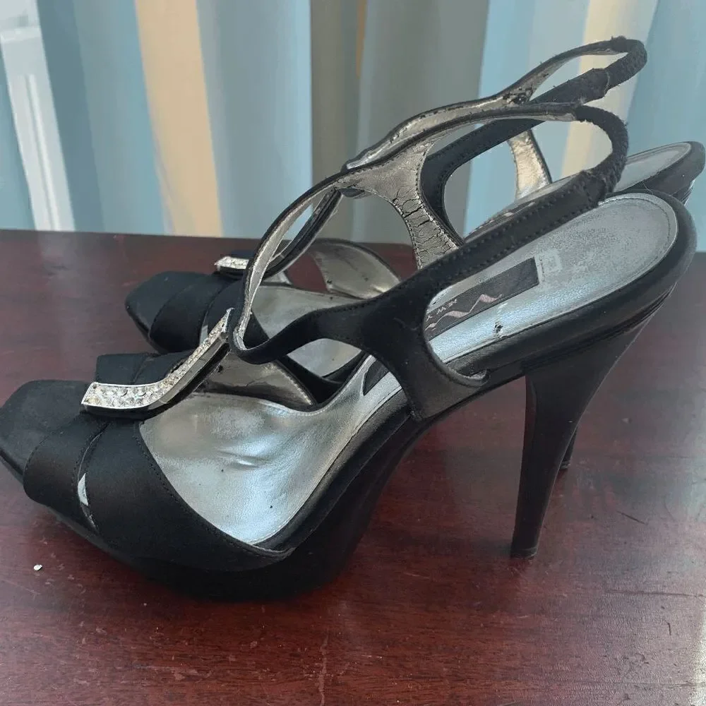 Nina Womens High Heels Peep Toe Sandals Ankle Strap Black Silver Shoes Size 6